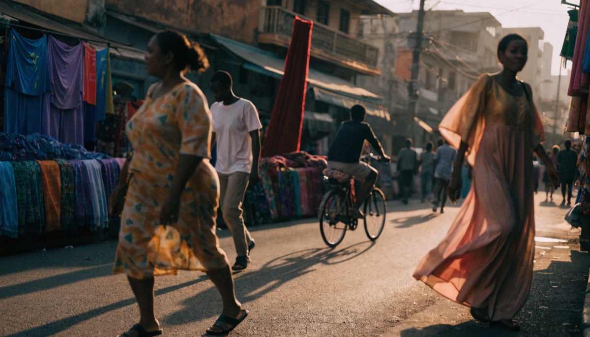 A vibrant Accra street scene in warm afternoon light