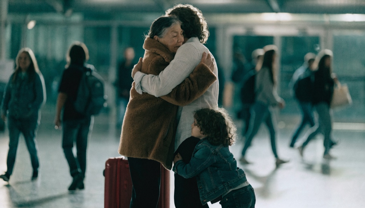 A family reunion at an airport arrivals hall