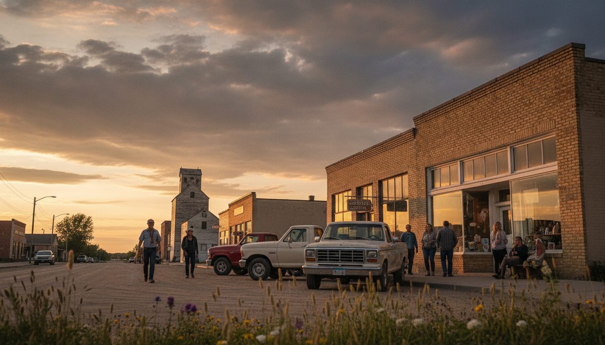 A small Alberta prairie town main street in late summer with a grain elevator in the distance