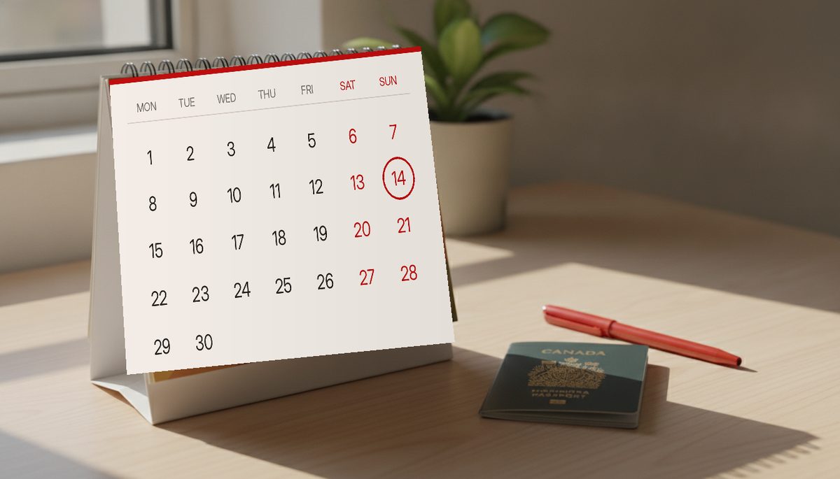 A calendar and a hand marking dates, representing counting days of physical presence
