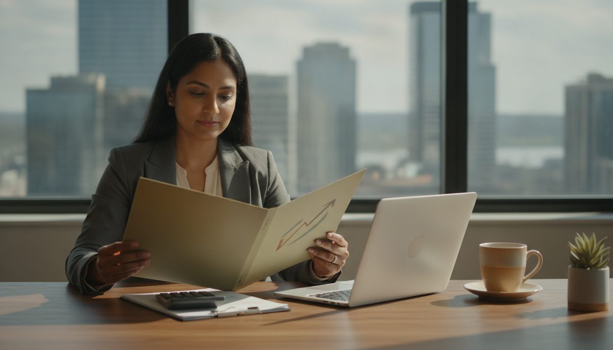 A business plan folder, a calculator and a laptop on a desk