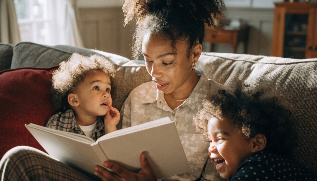 A caregiver reading to two children on a sofa in a sunlit home