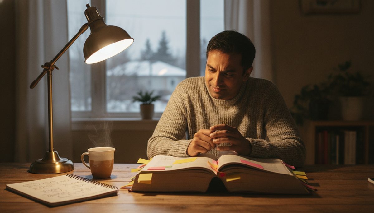 An adult studying a guidebook with sticky notes at a kitchen table in the evening
