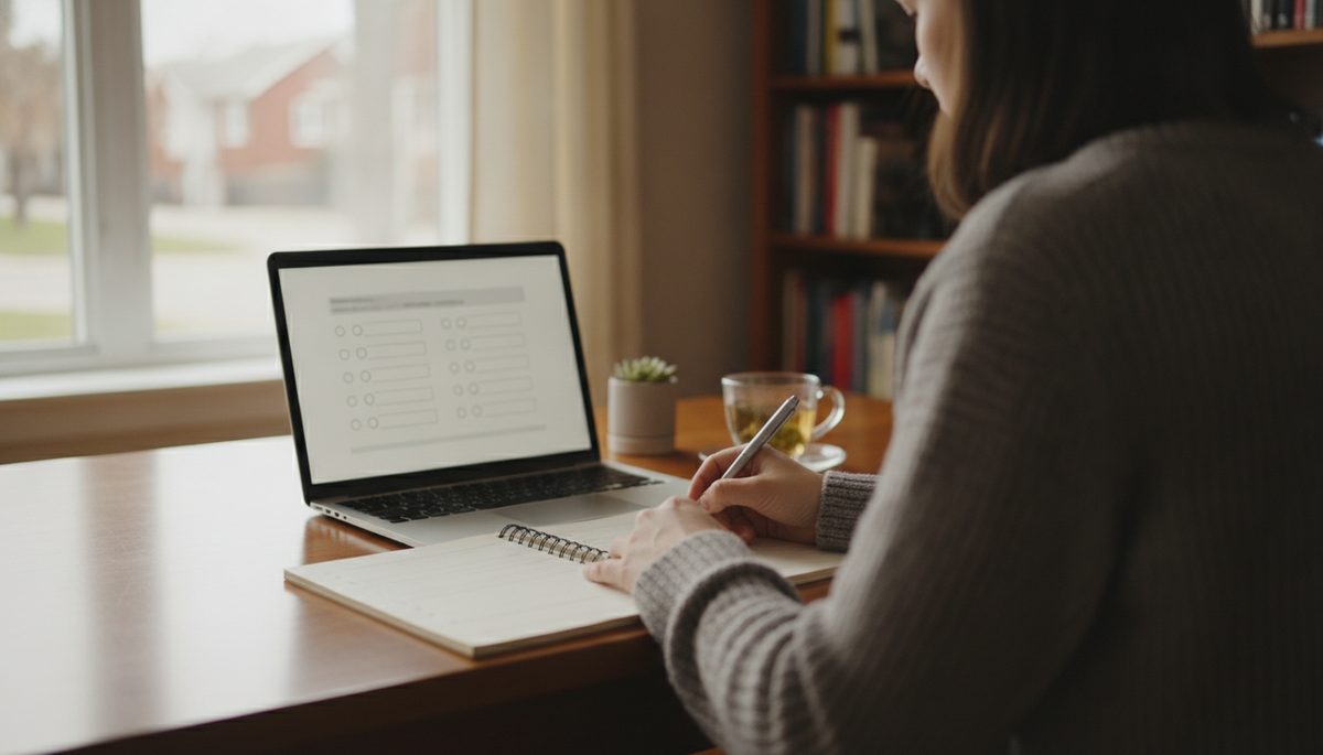 A quiet desk with a laptop and a printed guide, representing citizenship test preparation