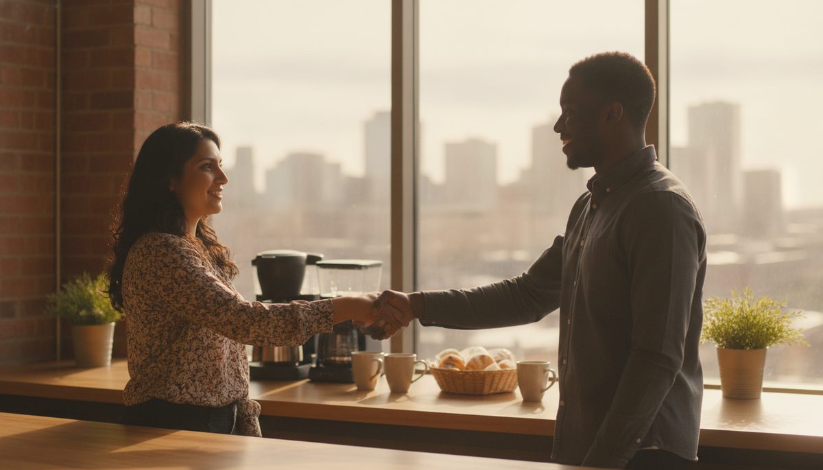 An employer and a new hire shaking hands in an Alberta workplace