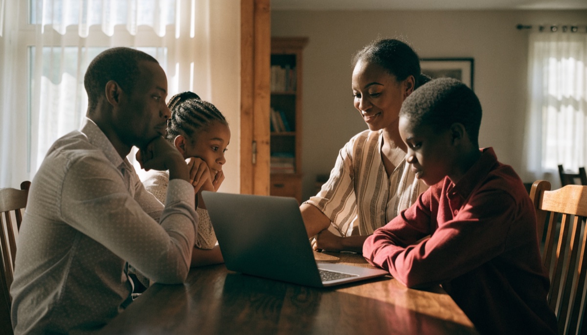 A Ghanaian family gathered around a laptop at a dining table