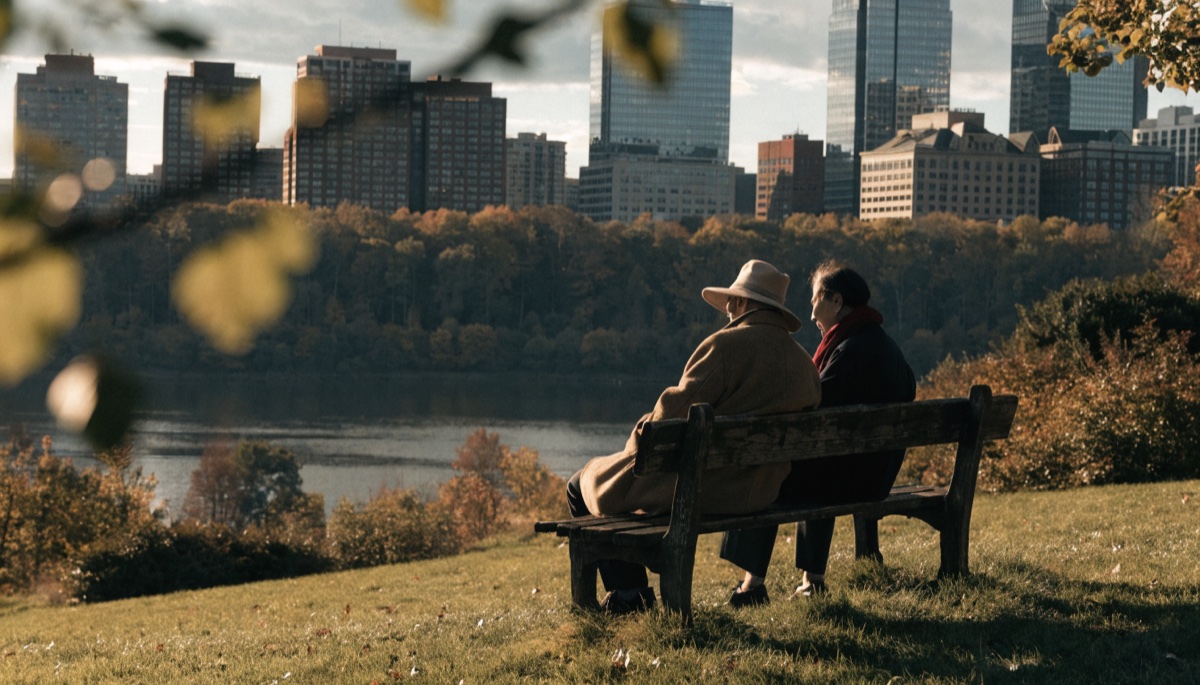 An elderly couple on a park bench overlooking a river valley in autumn