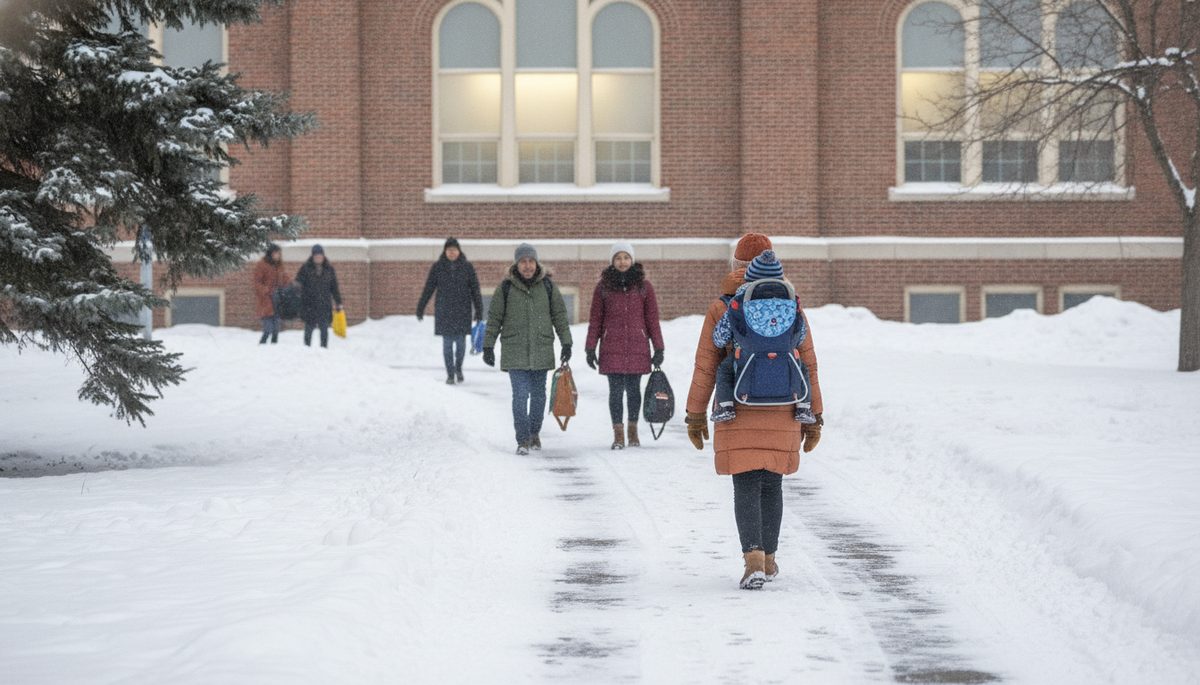 A parent walking a child with a backpack to school on a snowy Edmonton morning