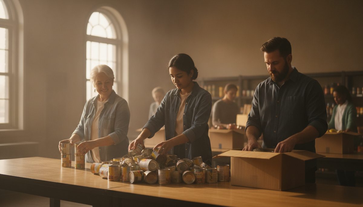 A newcomer volunteering at a community food bank with two others