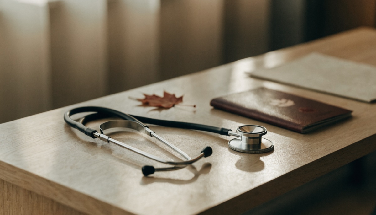 A stethoscope beside a Canadian passport and a folder on a desk