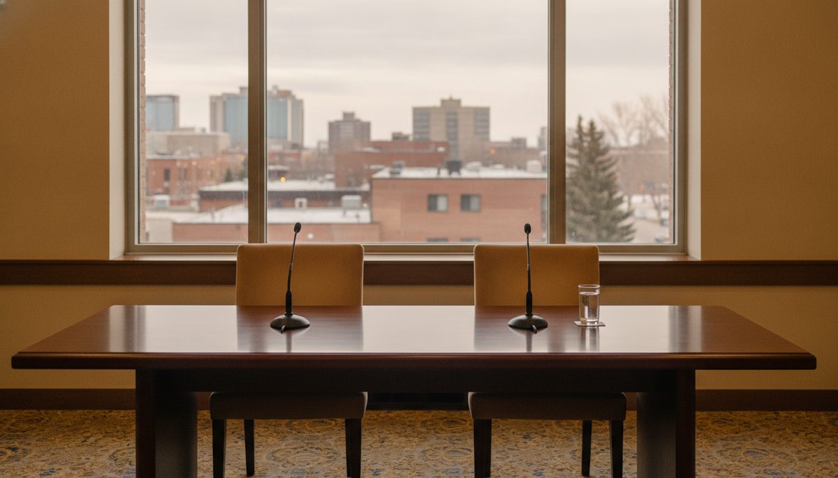 A calm empty hearing room with a wooden table and two chairs