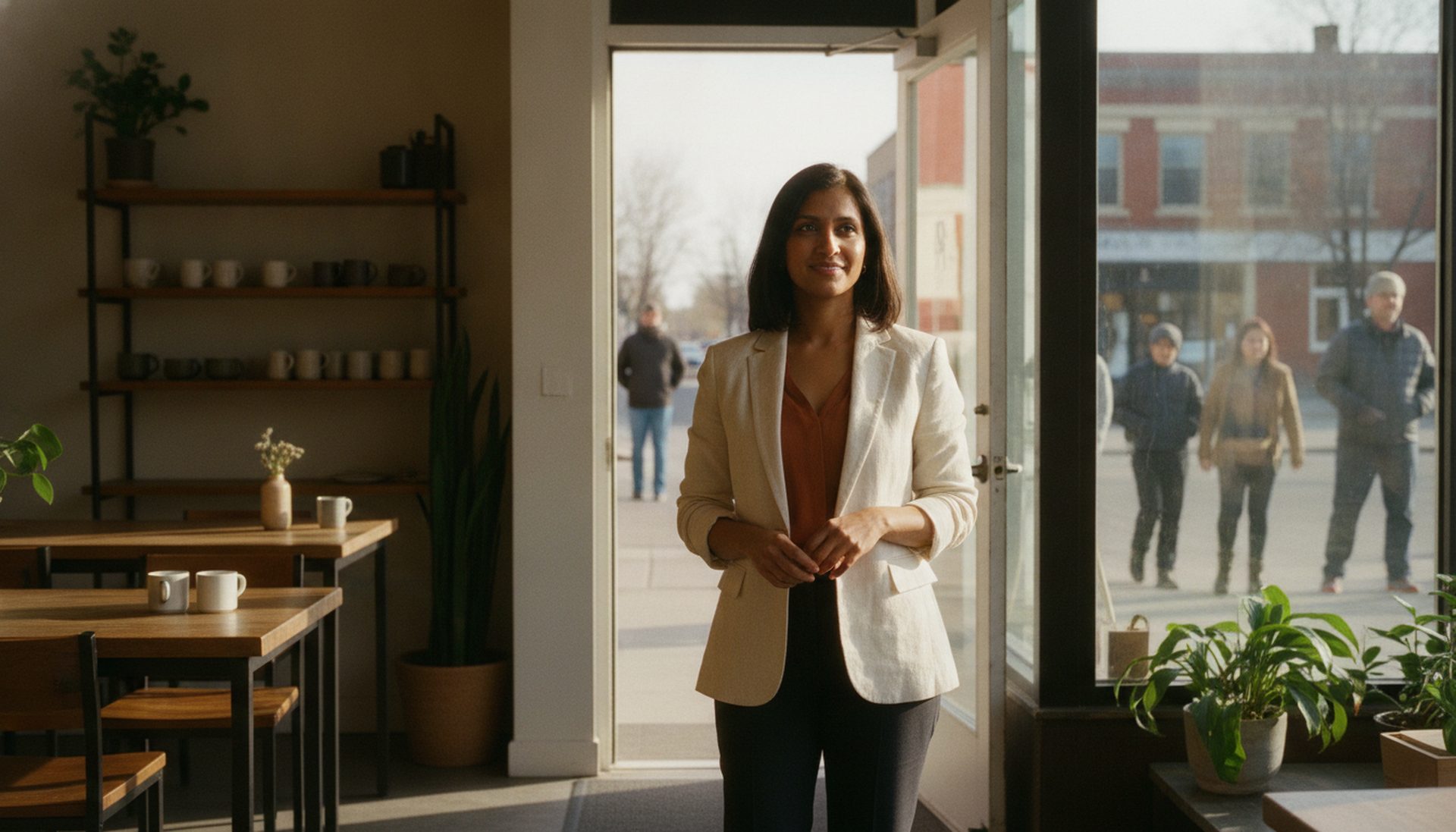 A newcomer small business owner standing in the doorway of a bright shop on an Edmonton street