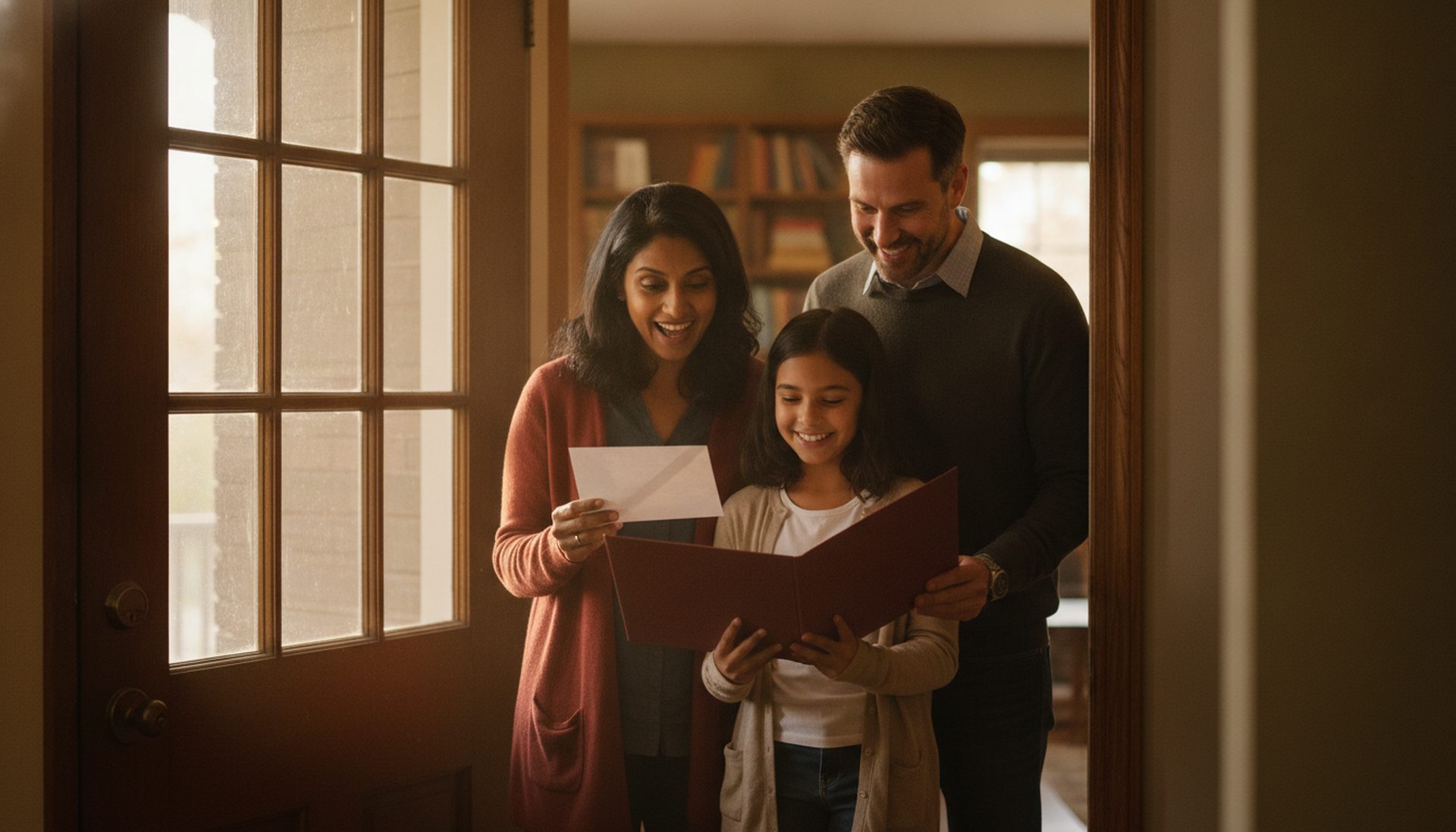A family at their doorway opening an envelope, representing a decision on a citizenship application