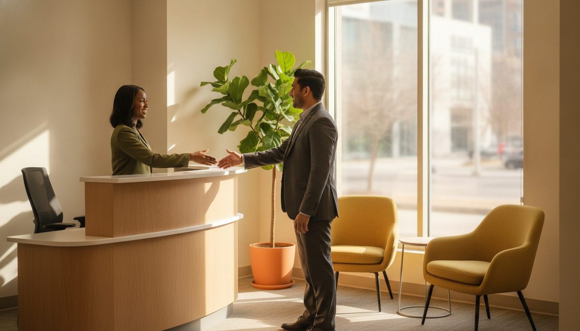 A welcoming immigration consultancy reception with a front desk and chairs
