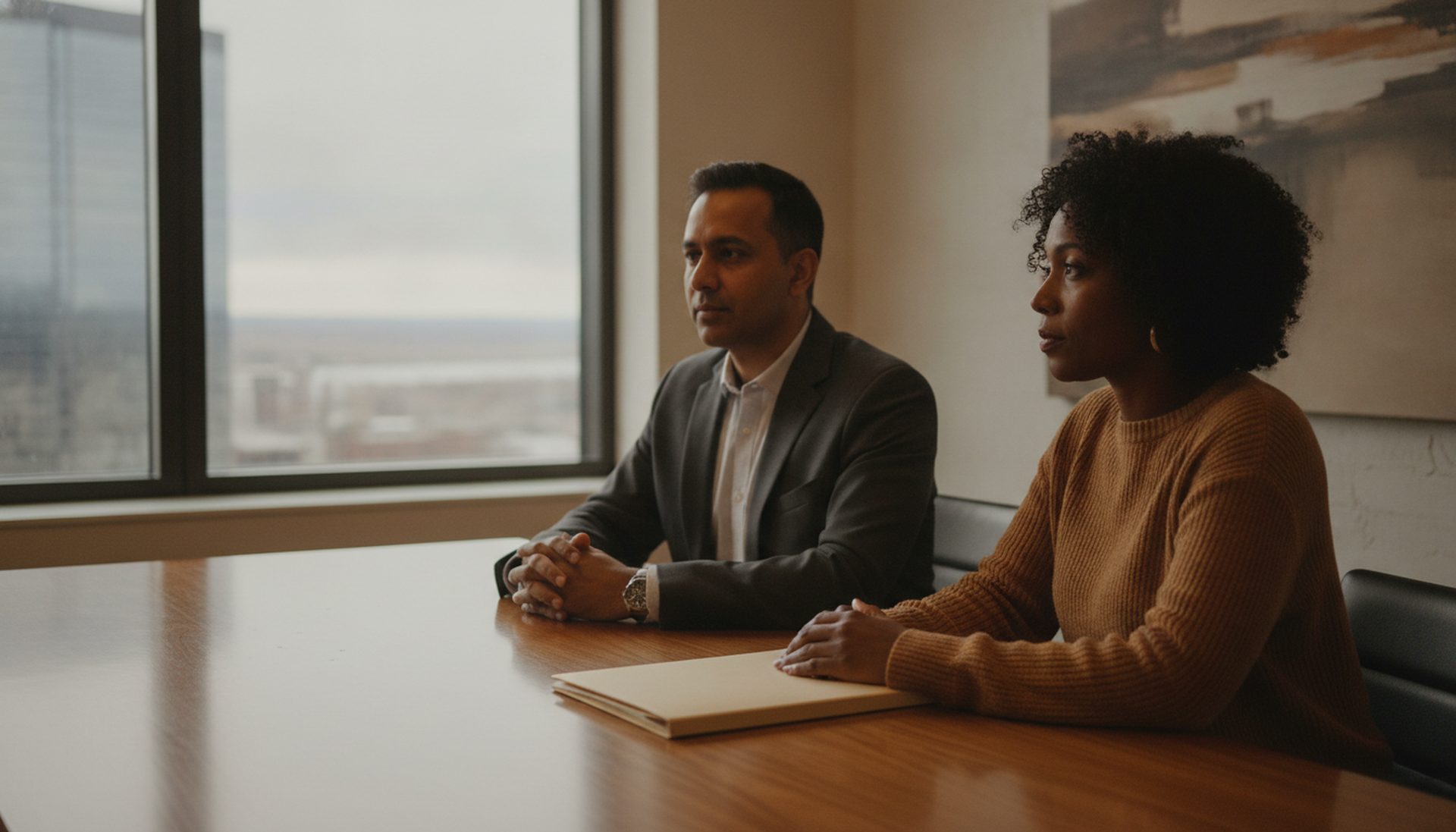 A consultant listening to a client across a desk with a folder between them