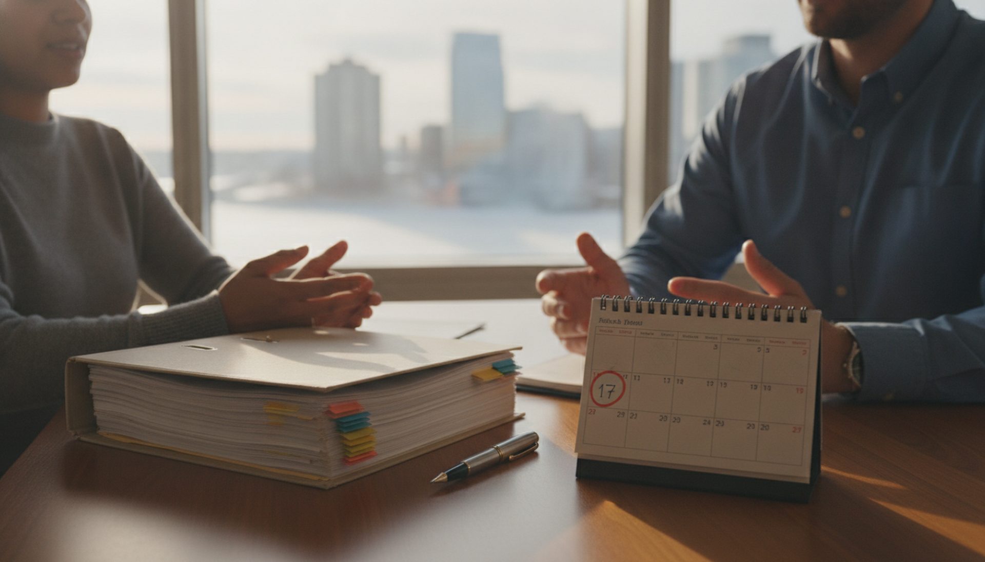 A tabbed appeal record binder and a pen on a desk with a calendar showing a circled date