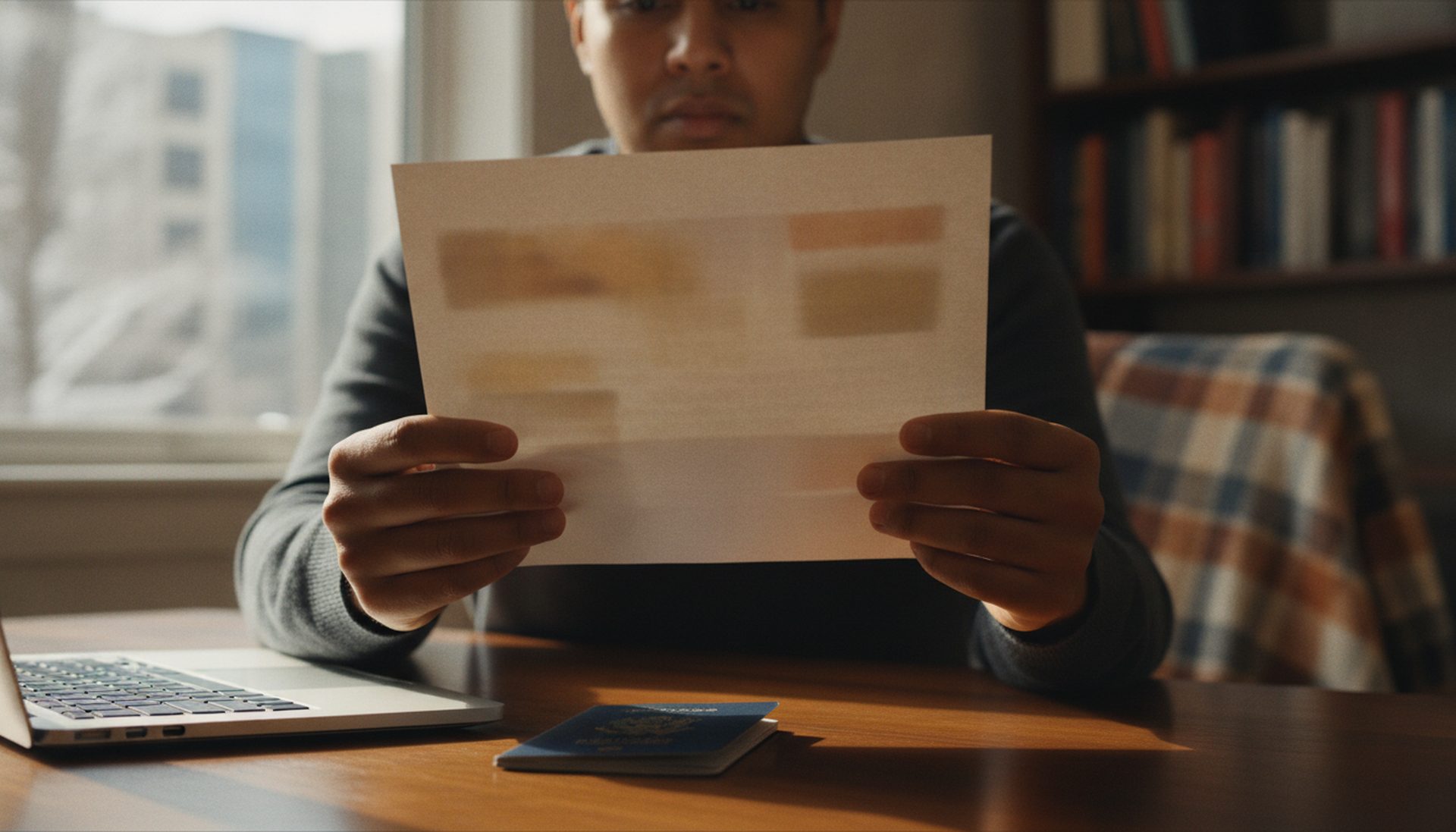 Hands holding a printed letter over a desk with a passport and a laptop