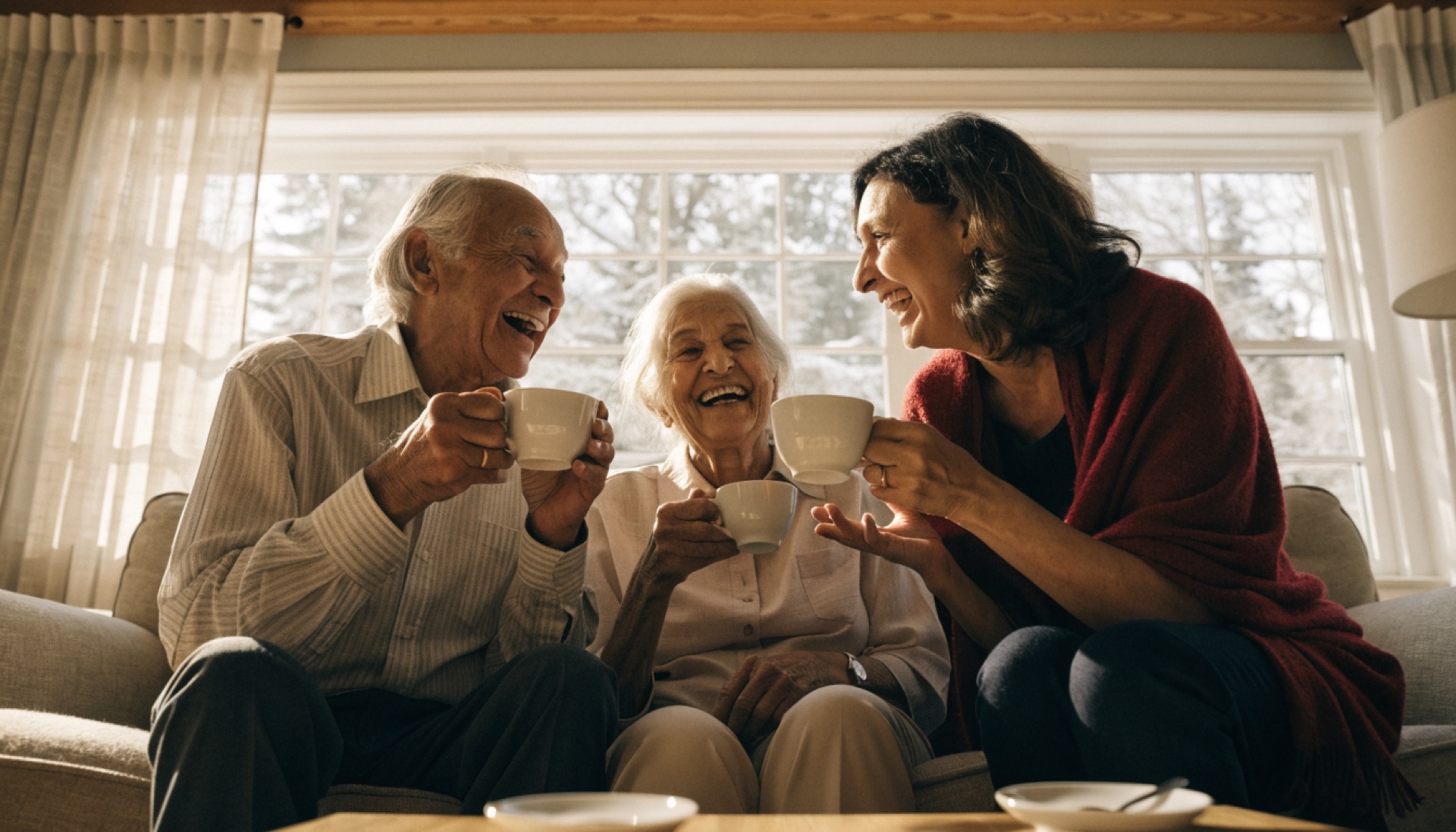 An elderly couple sharing tea with their adult daughter in a Canadian living room