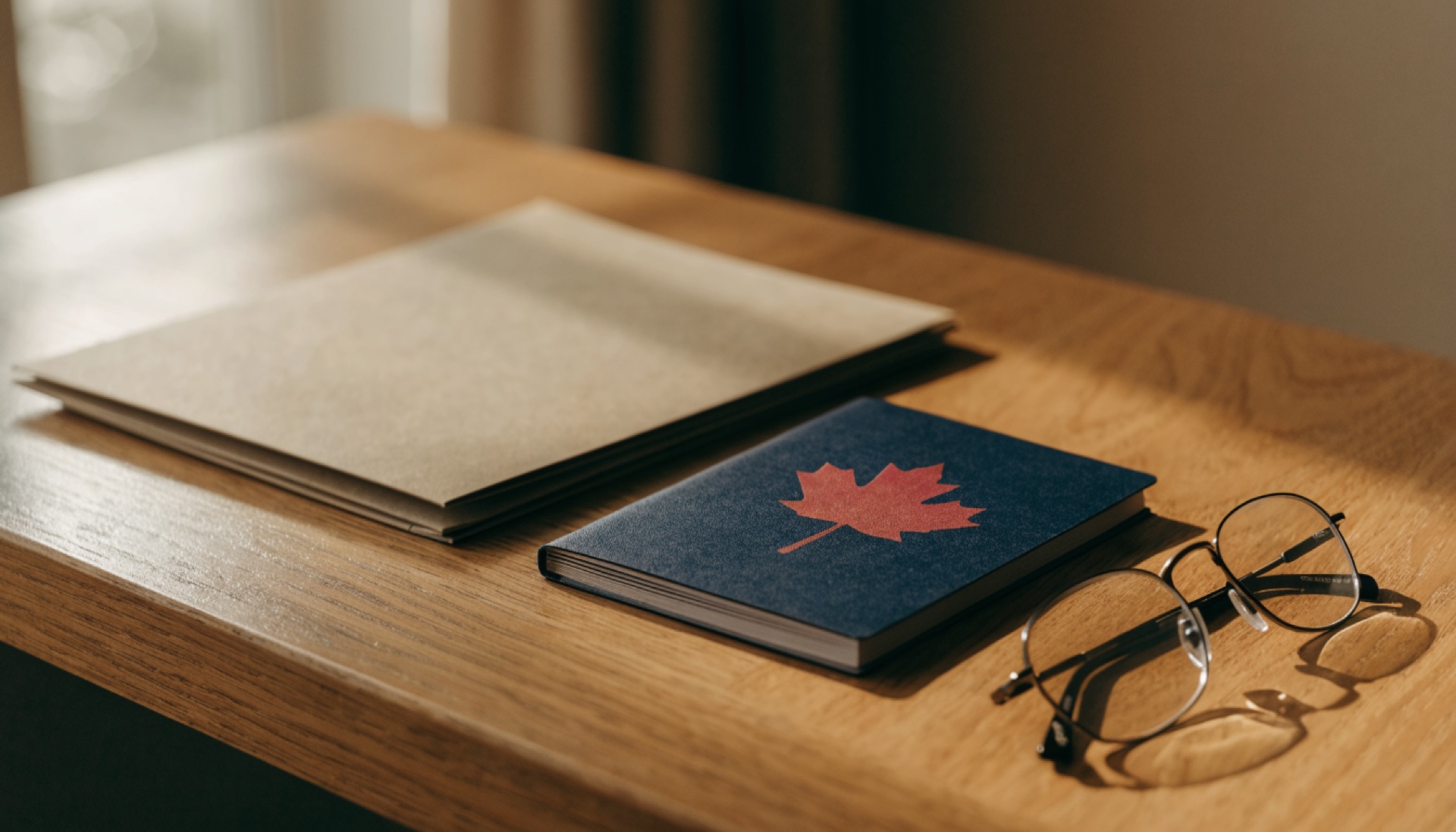 A Canadian passport and a document folder on a desk, representing a visitor record application