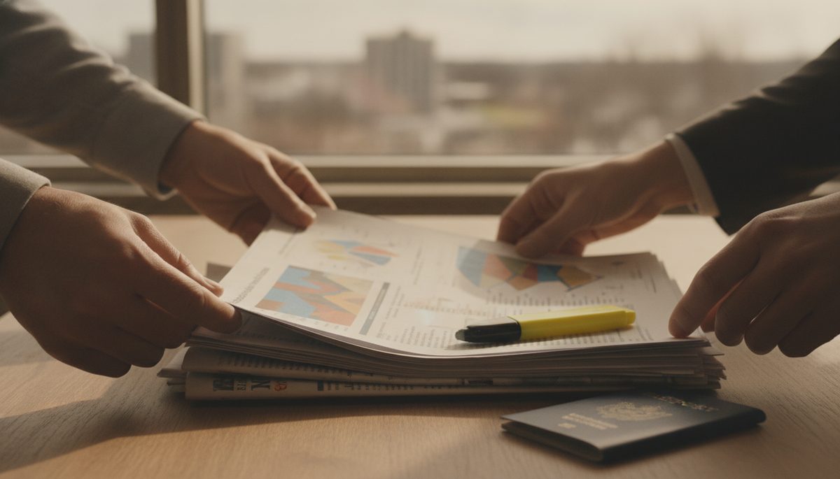 A desk with country reports, a passport and a highlighter, hands organising the pile
