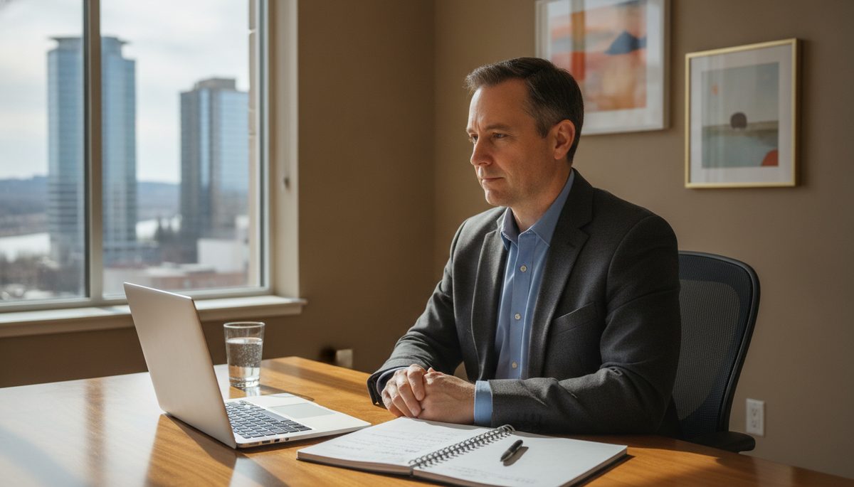 A person seated at a desk in front of a laptop for a video hearing