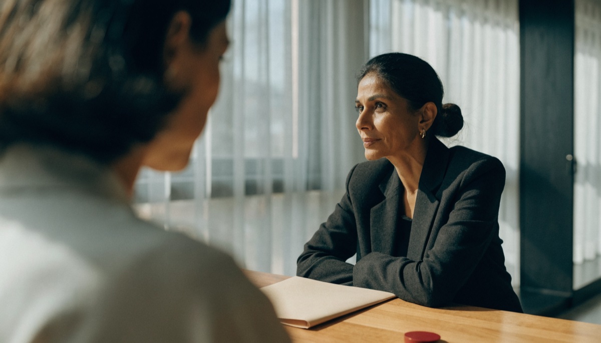 A regulated immigration consultant reviewing a client situation across a desk