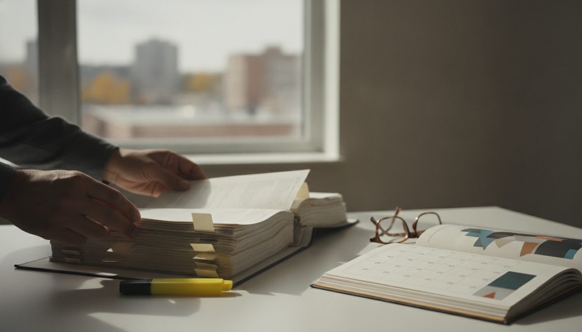 A consultant desk with a thick tabbed binder of documents being organised