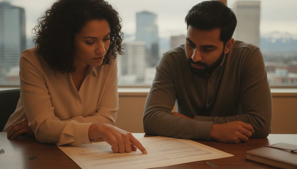 A consultant and client reviewing a printed letter together at a desk
