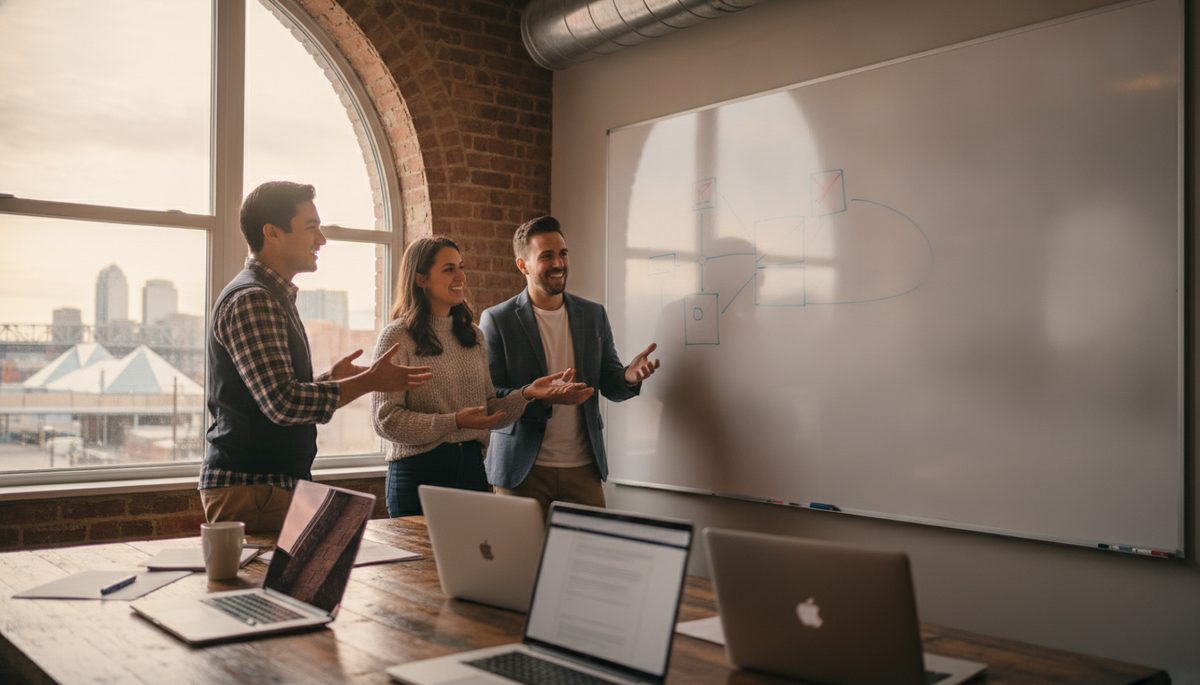 Three founders around a whiteboard in a small start-up office
