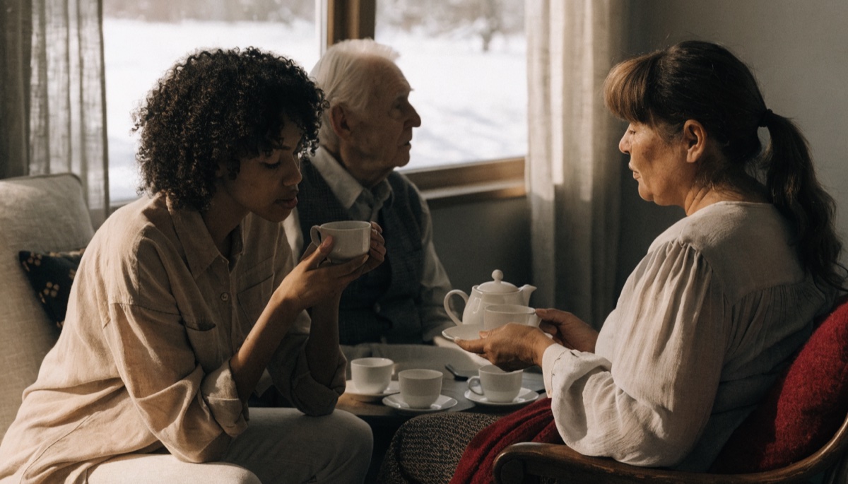 A multi-generational family together in a Canadian home in winter