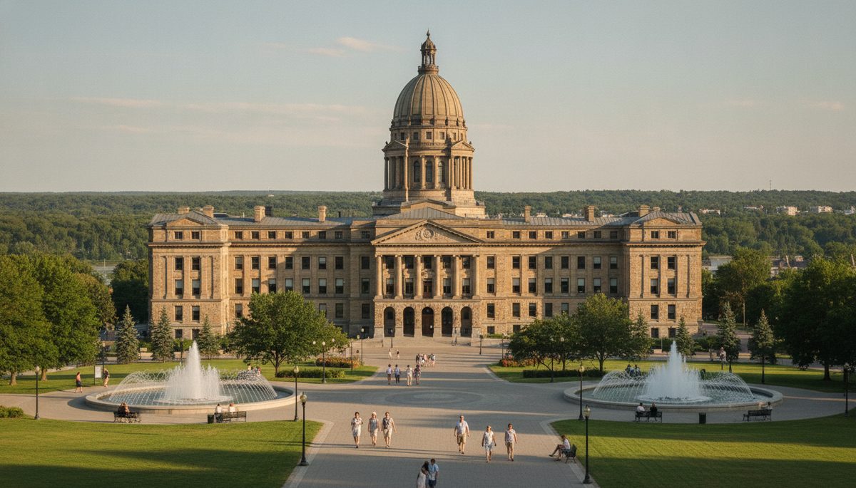 Sandstone provincial government building behind park lawns