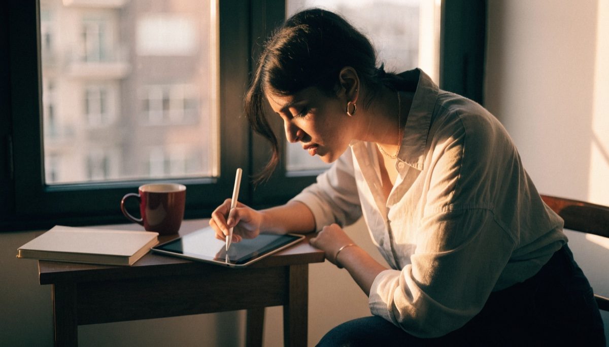 Applicant completing an online form on a tablet
