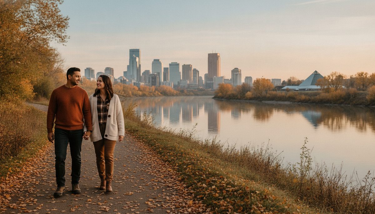 A couple walking together beside a river valley path