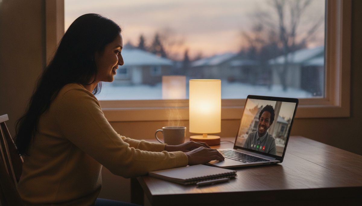 A partner on a video call at a kitchen table