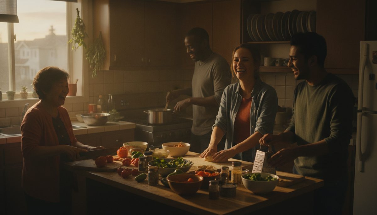 A family together in the kitchen of a Canadian home