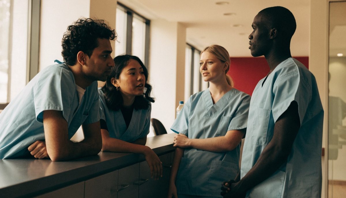 Healthcare workers in a hospital corridor