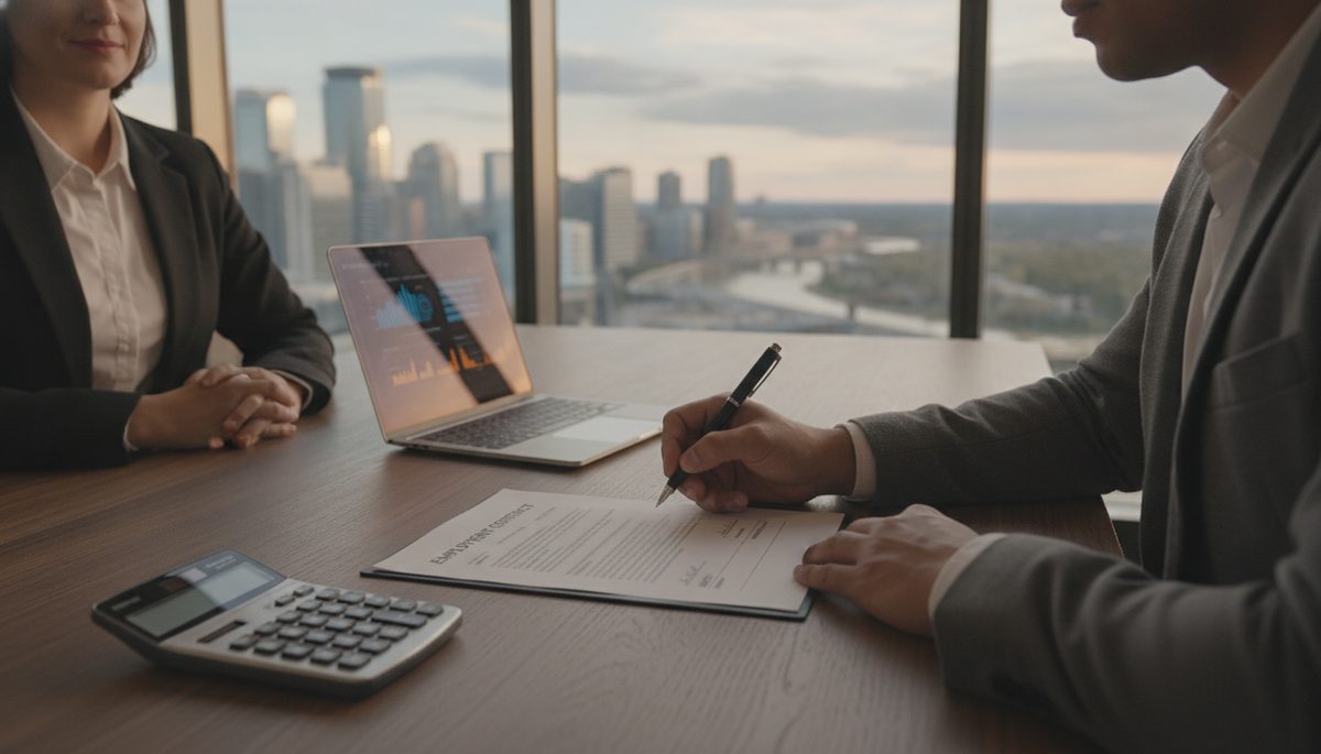 Employer signing an employment contract at a desk