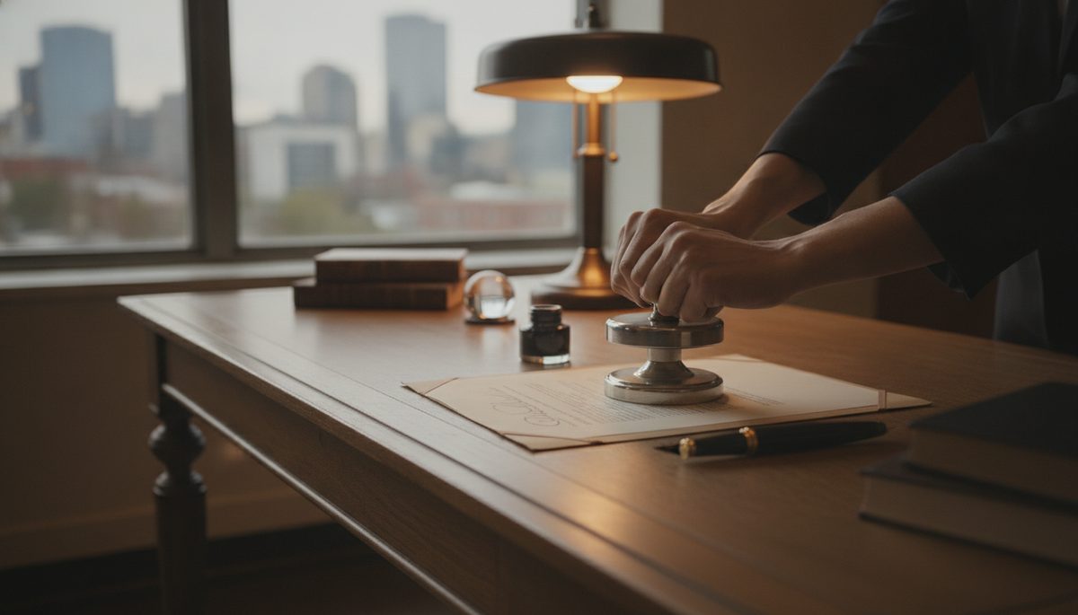 Hands pressing an embossing seal onto a signed document