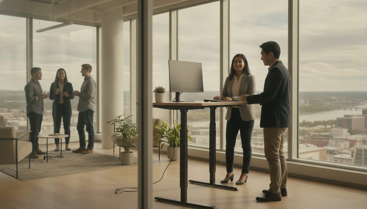 Newcomer professional at a standing desk in a downtown office