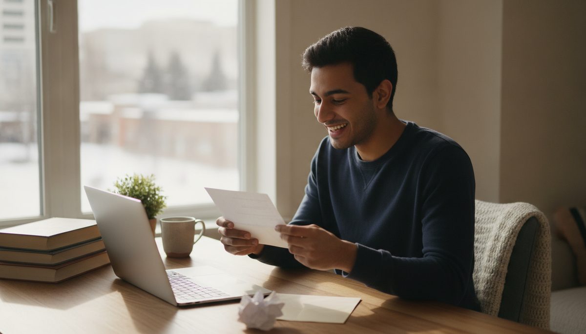 Student opening an acceptance letter at a desk