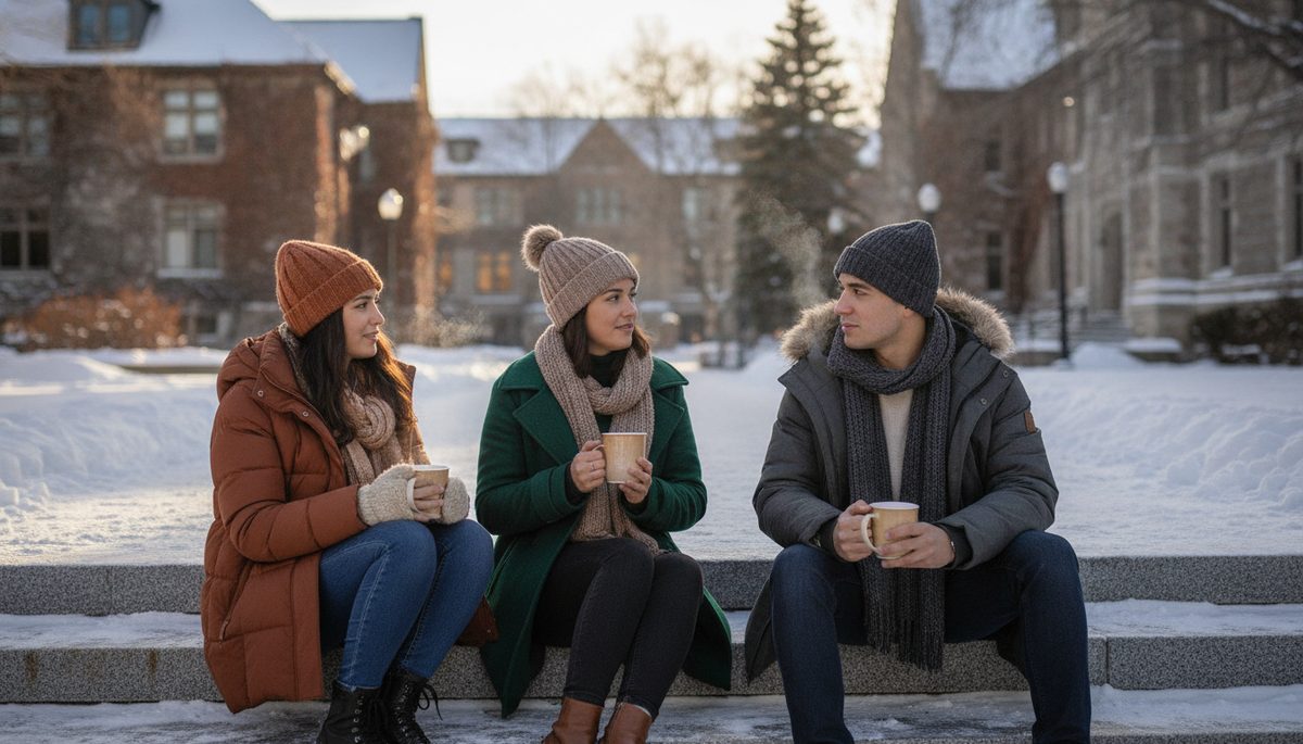 Three students chatting on snowy campus steps with hot drinks