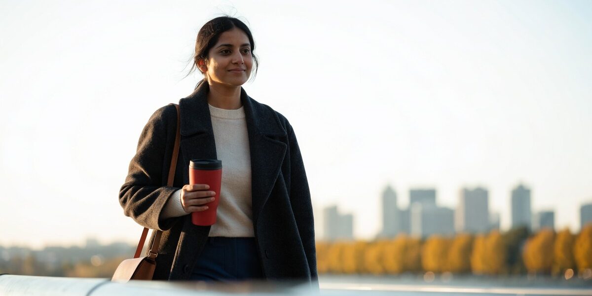Woman in a charcoal coat holding a red tumbler on a bridge in autumn light, city skyline softly blurred behind